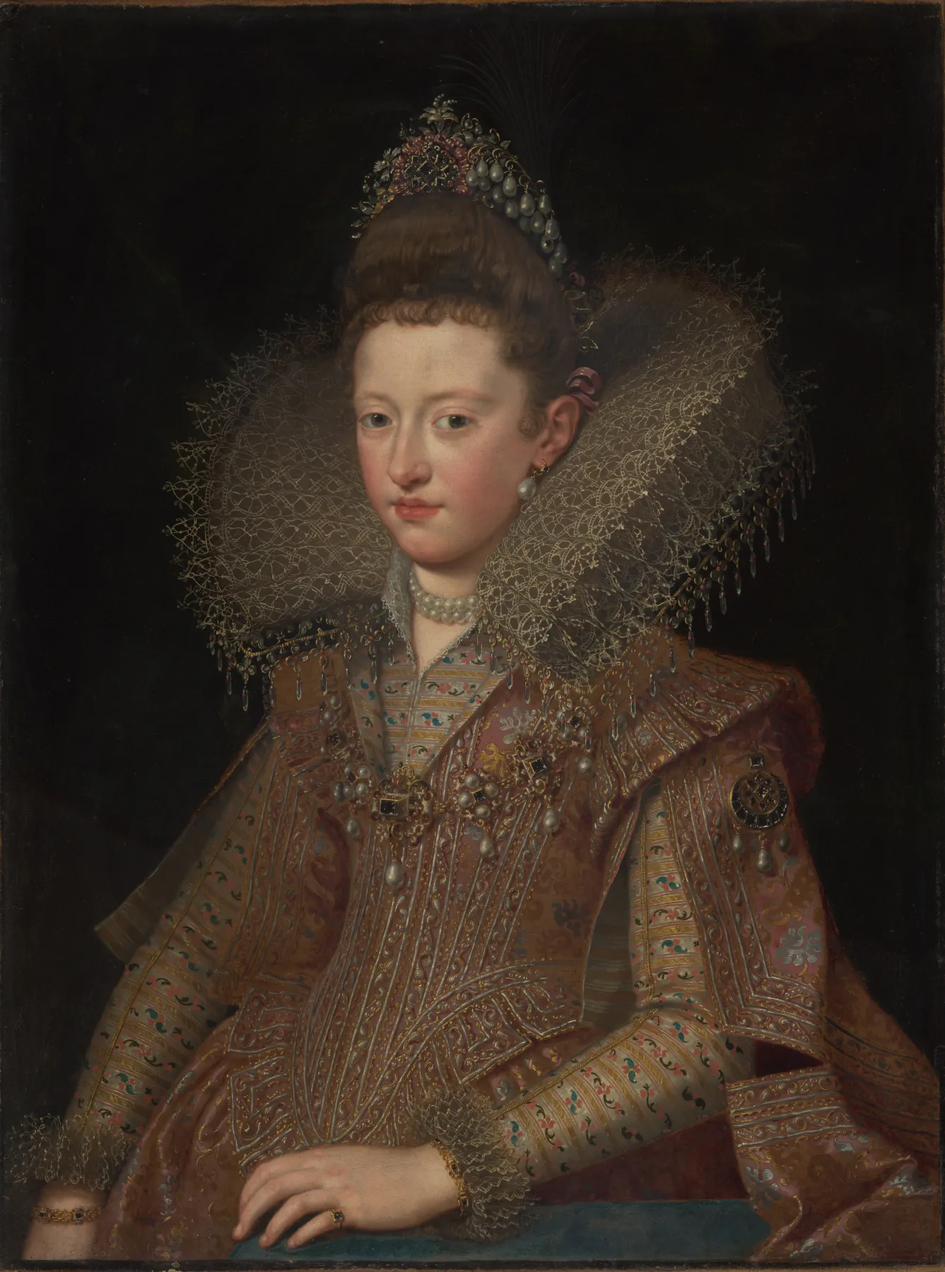 Princess Margherita Gonzaga in a jewelled gown and lace ruff against a dark background.