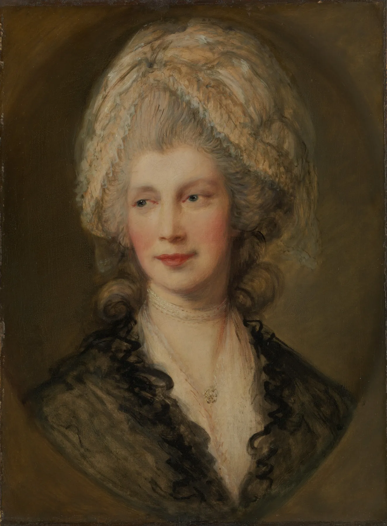 Queen Charlotte in a powdered wig and lace, softly painted.